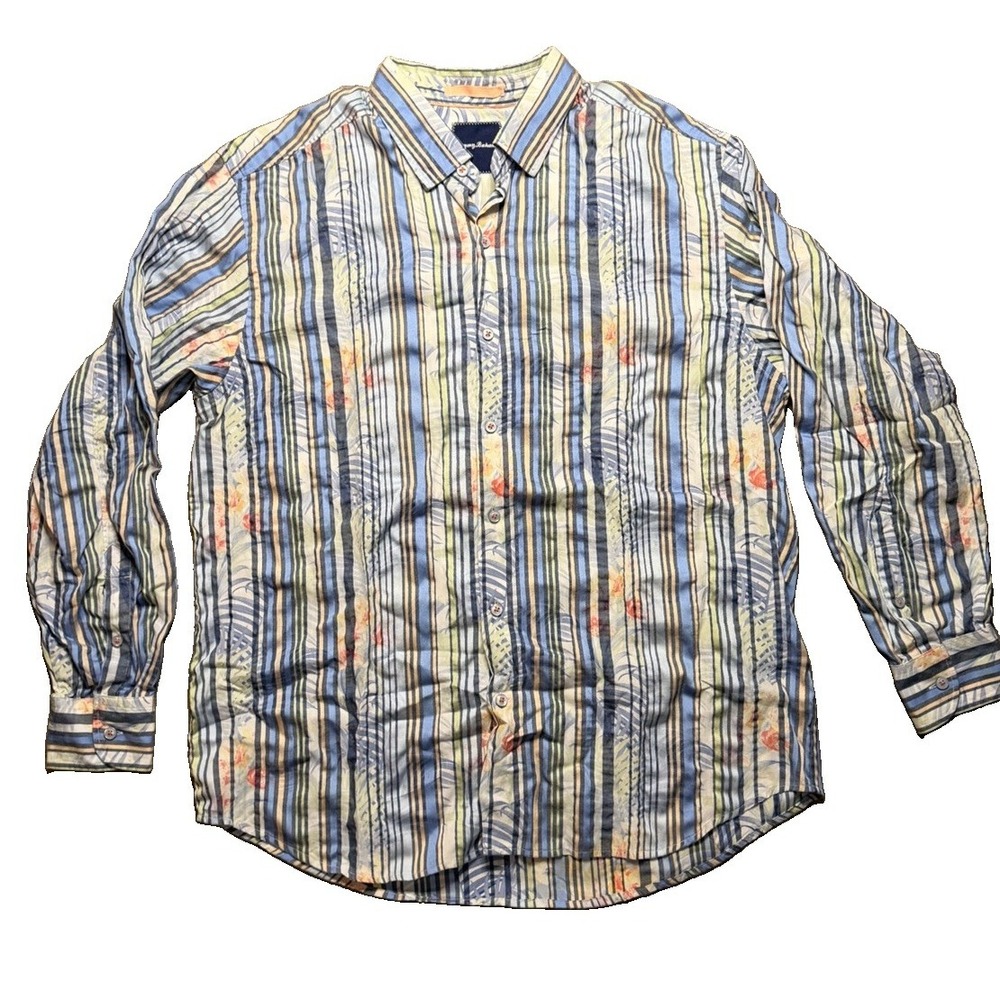 Tommy Bahama Shirt Mens Size XL Tall Blue Striped Floral Long Sleeve Button Up